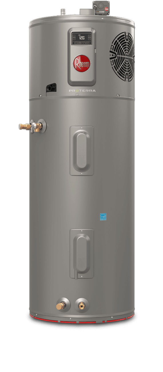 Rheem ProTerra manufacturer photo with the LeakGuard automatic shutoff valve above the tank